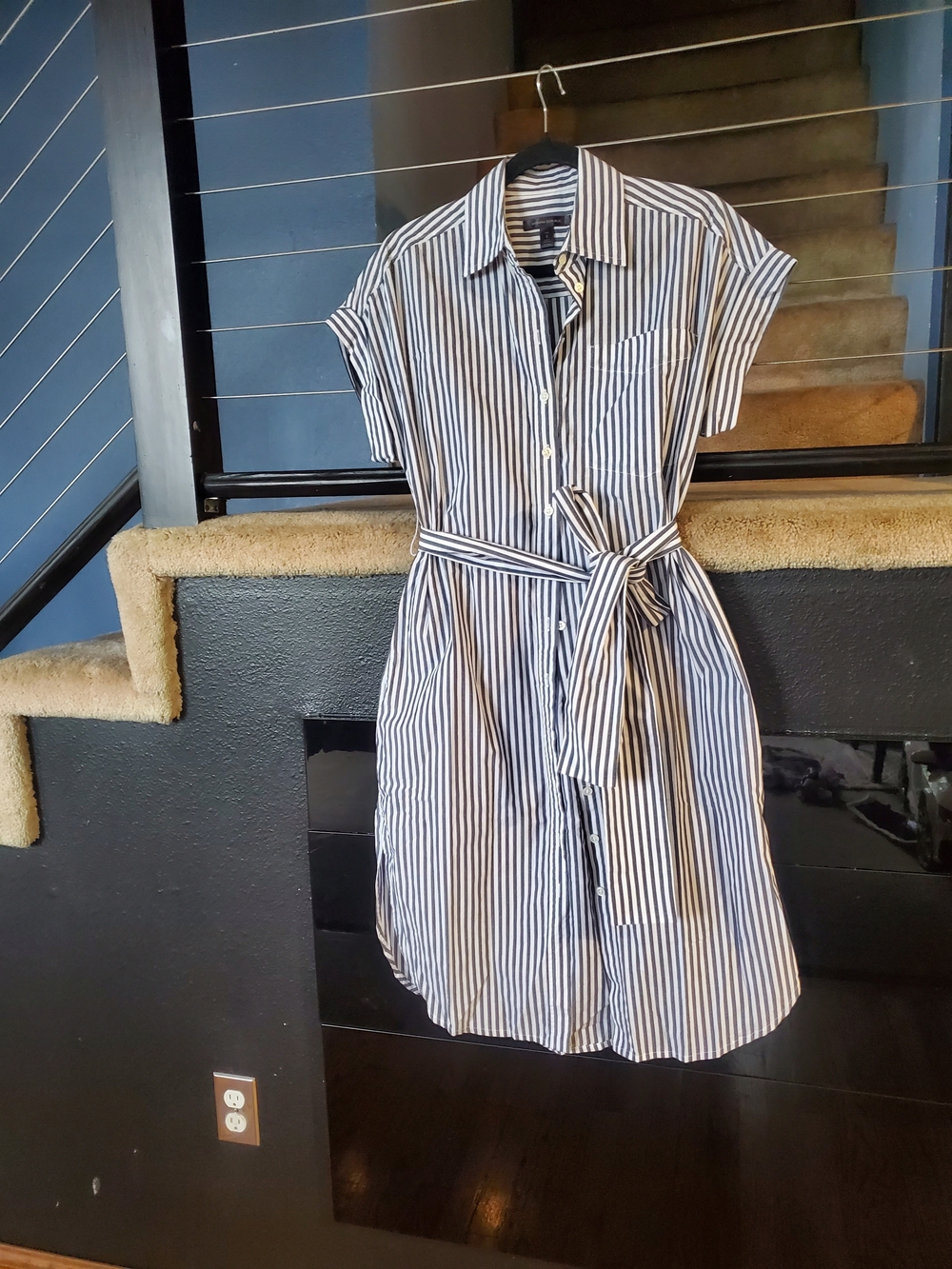 Banana Republic Navy and White Striped Midi Shirt Dress with Tie Waist